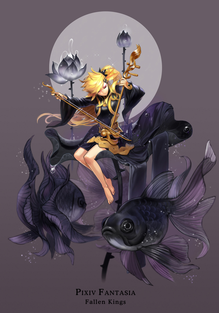 1girl barefoot blonde_hair bow_(music) breasts closed_eyes english_commentary eyeshadow flower flower_request full_body grey_background highres instrument koi leaf makeup medium_breasts minigirl music pixiv_fantasia playing_instrument purple_flower purple_theme red_eyeshadow simple_background sitting solo sparkle tears thorns train_(clothing) water_drop yukiusagi1983