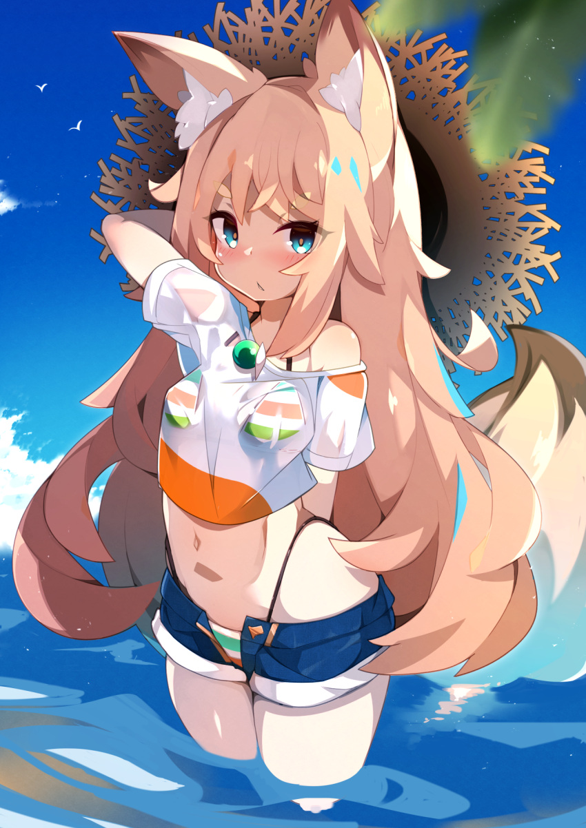 1girl animal_ear_fluff animal_ears arm_behind_back arm_behind_head arm_up bikini bikini_under_clothes blonde_hair blue_eyes blush cloud fox_ears fox_girl fox_tail hat highleg highleg_bikini highres long_hair midriff navel open_clothes open_shorts original outdoors see-through shirt short_sleeves shorts sky solo striped striped_bikini sun_hat swimsuit tail thighs unbuttoned unbuttoned_shorts unzipped very_long_hair wading water wet wet_clothes wet_shirt white_shirt zamudelin