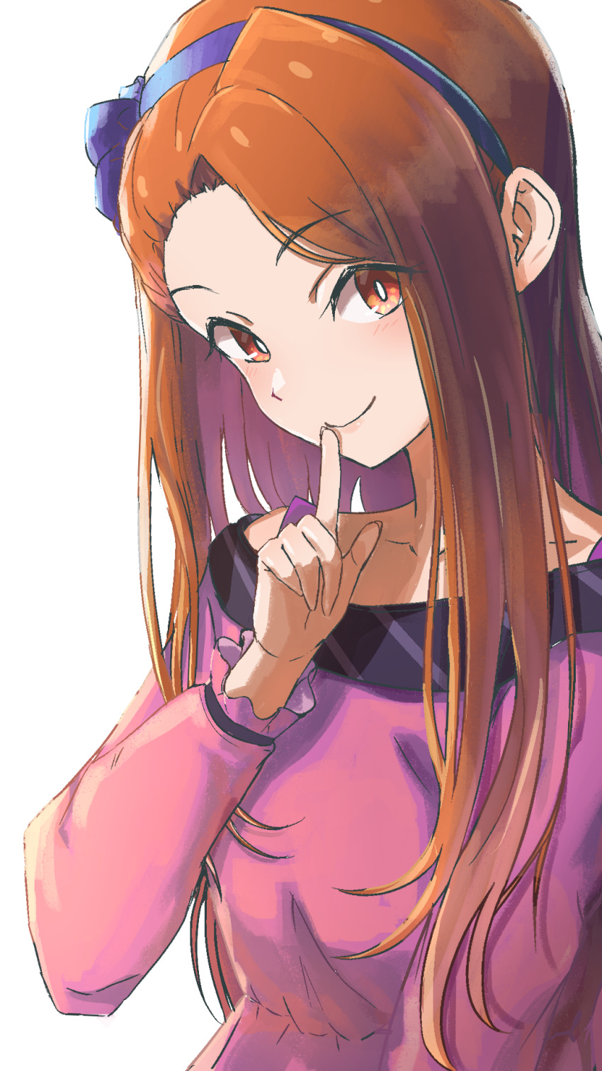 1girl blue_hairband brown_hair closed_mouth collarbone eyebrows_visible_through_hair finger_to_mouth hairband highres idolmaster idolmaster_(classic) long_hair long_sleeves looking_at_viewer minase_iori ms_rinmoku pink_shirt red_eyes shirt shushing simple_background smile solo upper_body very_long_hair white_background