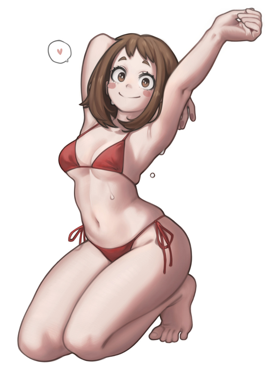 1girl absurdres armpits arms_up barefoot bikini blush_stickers boku_no_hero_academia breasts brown_eyes brown_hair commentary full_body heart highres lentiyay looking_at_viewer medium_breasts navel red_bikini side-tie_bikini simple_background smile solo spoken_heart sweatdrop swimsuit symbol-only_commentary toes uraraka_ochako white_background