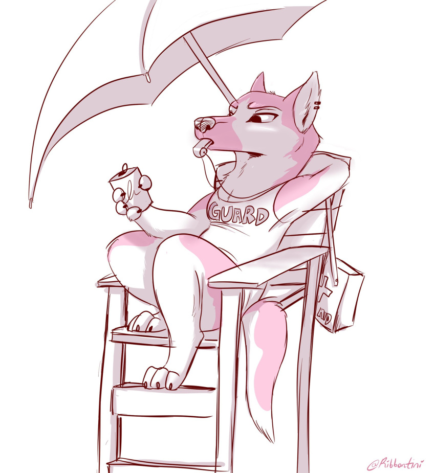 2022 anthro can canid canine clothed clothing container digital_media_(artwork) fur hi_res holding_can holding_container holding_object mammal reclining restricted_palette ribbontini shirt signature solo topwear umbrella
