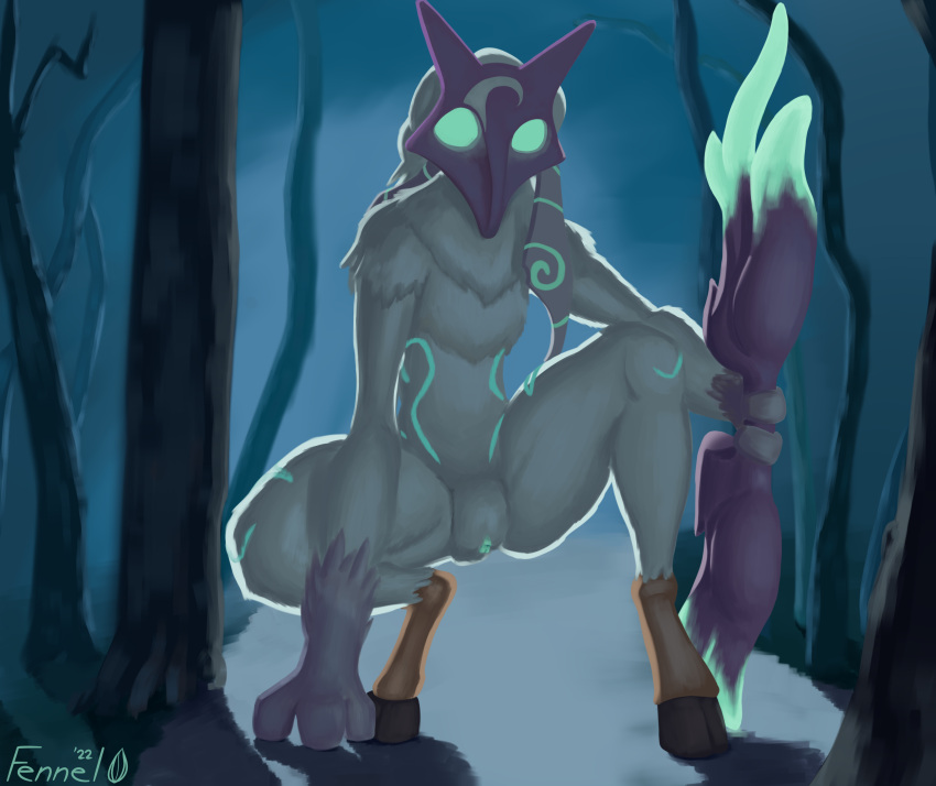 2022 anthro backlighting bioluminescence bow_(weapon) chest_tuft clitoris crouching digital_media_(artwork) digital_painting_(artwork) female fennelseed front_view fur genitals glowing glowing_eyes glowing_genitalia glowing_pussy hi_res holding_object holding_weapon hooves kindred_(lol) lamb_(lol) league_of_legends light lighting looking_at_viewer mask outside plant pussy ranged_weapon riot_games solo spread_legs spreading thick_thighs tree tuft video_games weapon