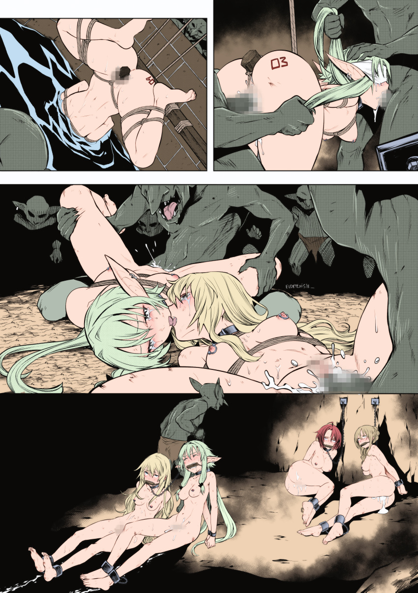 4girls 6+boys absurdres after_sex anal anal_object_insertion anus asphyxiation ass bad_end barefoot bdsm bent_over bisexual_female bit_gag blindfold body_writing bondage bound bow braid breasts breasts_apart bruise censored chain chained closed_eyes colorized commission completely_nude cow_girl_(goblin_slayer!) crying crying_with_eyes_open cum cum_in_mouth cum_in_pussy cum_on_ass double_penetration dragging drowning ear_piercing ejaculation elf empty_eyes erection eudetenis feet fellatio gag goblin goblin_slayer! grabbing_another's_hair greyscale group_sex guild_girl_(goblin_slayer!) hair_bow hair_pulled_back half-closed_eyes hand_on_another's_head hetero high_elf_archer_(goblin_slayer!) highres injury kiss large_breasts long_hair looking_at_another medium_breasts monochrome monster multiple_boys multiple_girls nipple_piercing nipple_rings nipples nude object_insertion on_floor open_mouth oral partially_submerged penis piercing pointy_ears priestess_(goblin_slayer!) pulling pussy rape restrained rolling_eyes rope sex shibari short_hair side_braid sidelocks small_breasts smile spitroast tears teeth tongue tongue_out upside-down vaginal vaginal_object_insertion water yuri-yuri