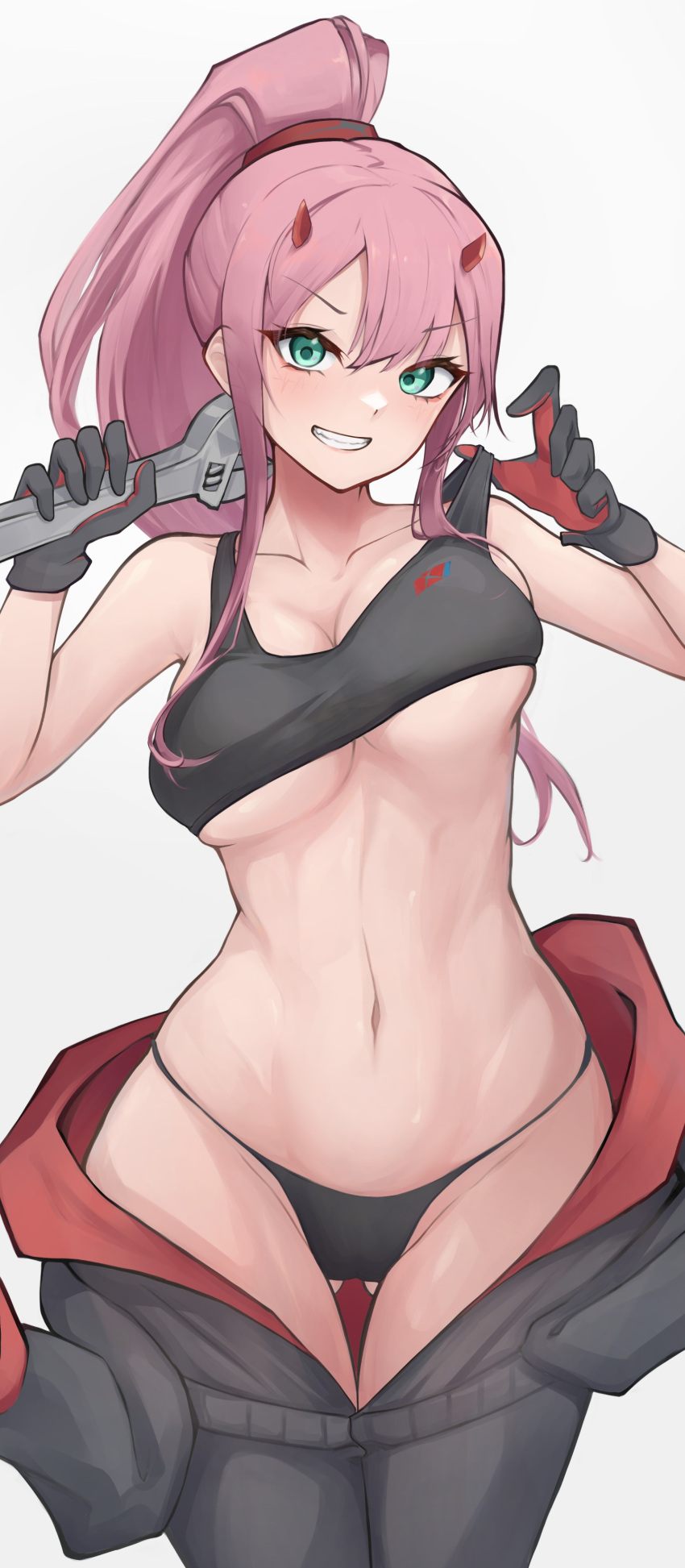 1girl abs absurdres breasts darling_in_the_franxx gloves green_eyes highres horns kanotype long_hair mechanic midriff navel panties pink_hair ponytail underboob underwear wrench zero_two_(darling_in_the_franxx)