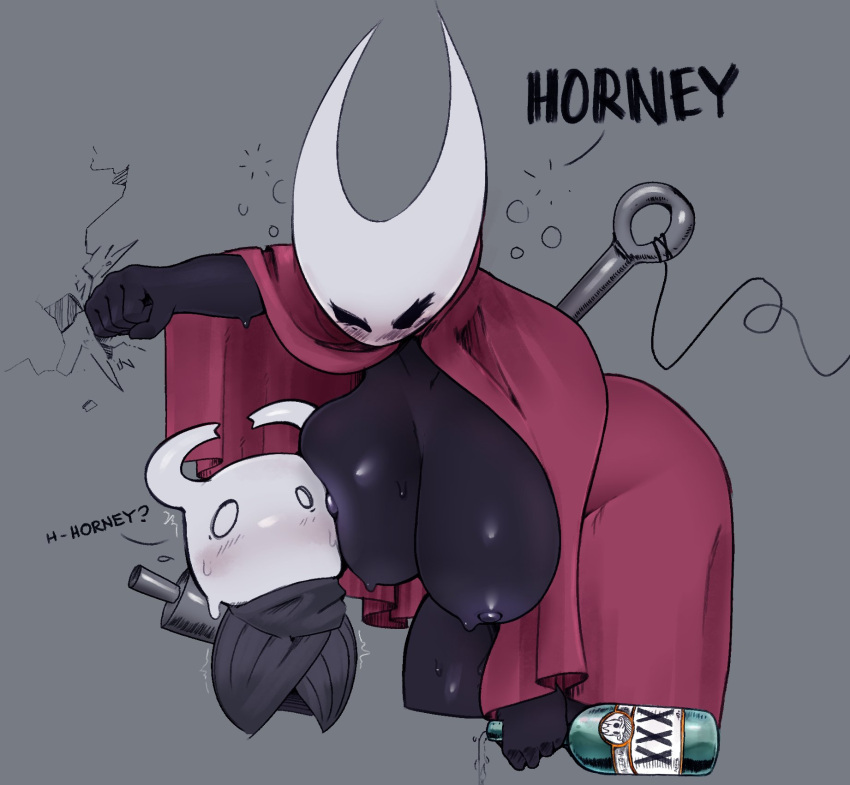 alcohol anthro arthropod beverage big_breasts black_body blush breasts brother brother_and_sister bubble cloak clothing drunk drunk_bubble duo female hi_res hollow_knight hornet_(hollow_knight) imminent_incest imminent_sex incest_(lore) larger_female male male/female mask nail_(weapon) protagonist_(hollow_knight) sibling sister size_difference smaller_male substance_intoxication team_cherry unyin video_games wall_punch weapon