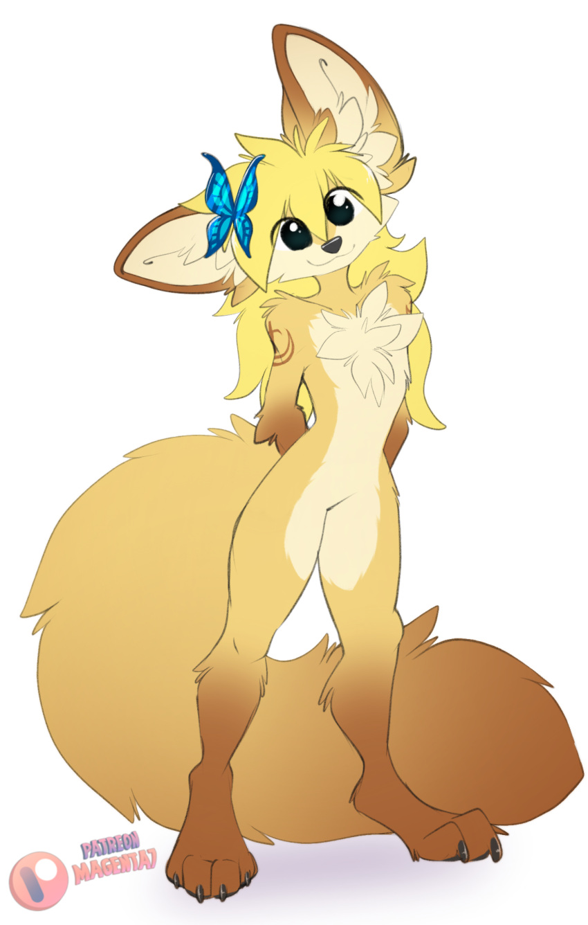 4_toes accessory anthro blonde_hair butterfly_clip canid canine chest_tuft claws digital_media_(artwork) digitigrade feet female fennec fluffy fox hair hair_accessory hairclip hi_res kaiyonato magenta7 mammal paws smile solo toes tuft