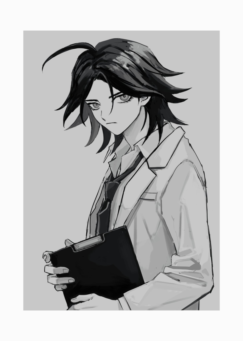 1boy a12740807 bangs black_hair closed_mouth collared_shirt danganronpa/zero danganronpa_(series) grey_background highres holding labcoat long_sleeves looking_at_viewer male_focus matsuda_yasuke necktie parted_bangs shiny shiny_hair shirt solo upper_body white_background