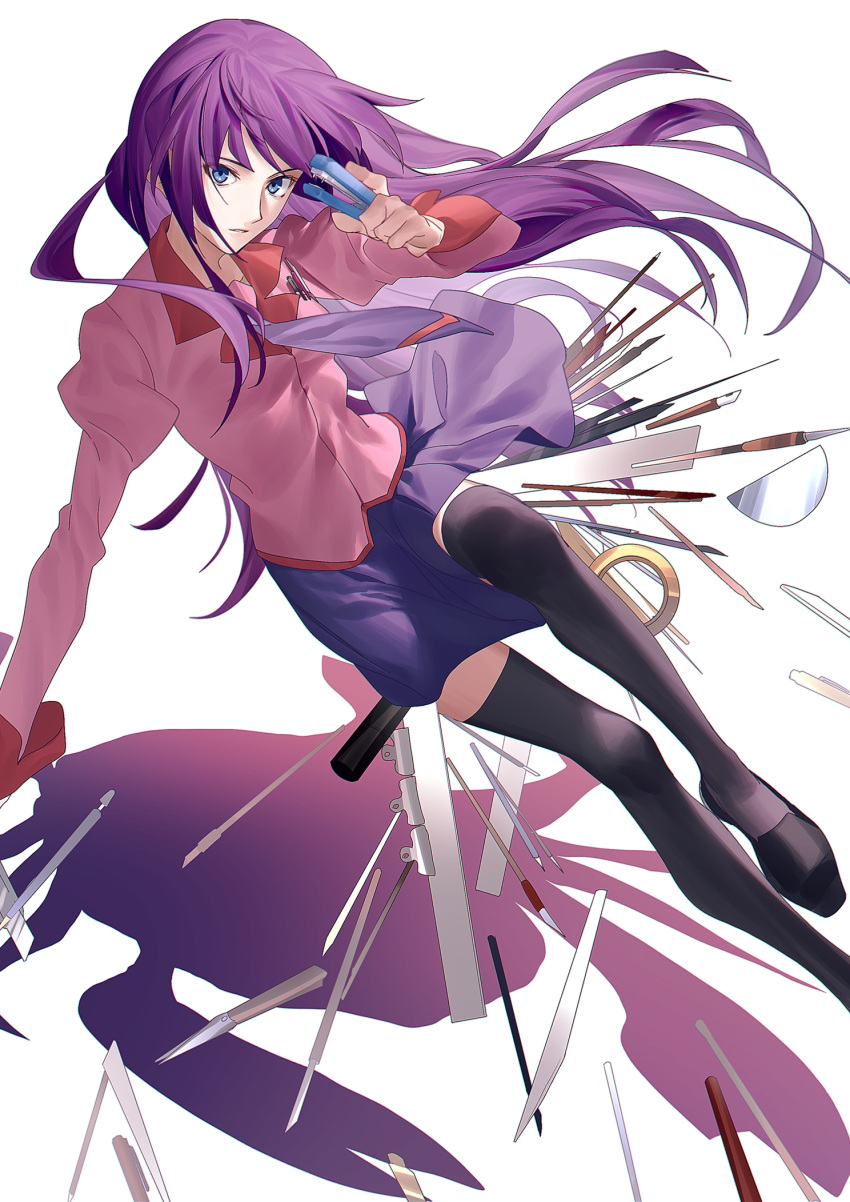 1girl action baaji bakemonogatari bangs black_footwear black_legwear blue_eyes blue_skirt breasts collarbone crab floating foot_out_of_frame full_body hand_up highres holding juliet_sleeves legs loafers long_hair long_sleeves looking_at_viewer mechanical_pencil monogatari_(series) naoetsu_high_school_uniform necktie pen pencil pink_shirt puffy_sleeves purple_hair purple_necktie ruler school_uniform scissors senjougahara_hitagi shadow shiny shiny_hair shirt shoes sidelocks simple_background skirt solo stapler stationery tape thighhighs white_background zettai_ryouiki