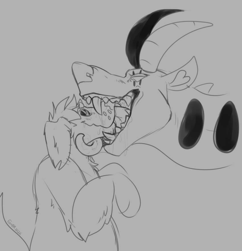 anthro bodily_fluids canid canine drooling duo eonbr feral hi_res horn licking male male/male mammal monster mouth_play open_mouth saliva saliva_string salivating teeth tongue tongue_out ufiara_(character) valor_(eonshinato) vore willing_vore