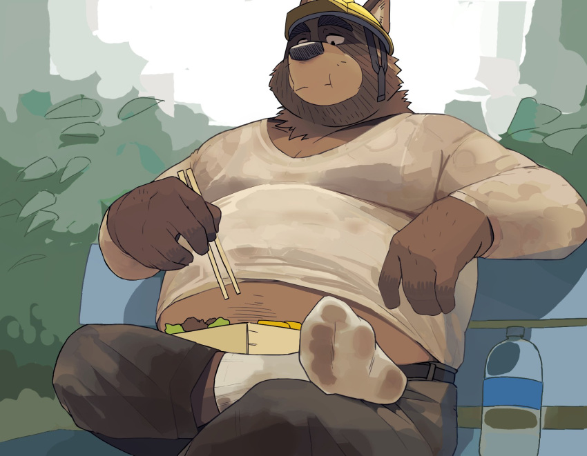 2022 anthro armor belly bench big_belly bottomwear brown_body canid canine clothing eating food hard_hat headgear helmet hi_res humanoid_hands kemono leoponleopon male mammal outside overweight overweight_male pants raccoon_dog shirt sitting solo tanuki topwear