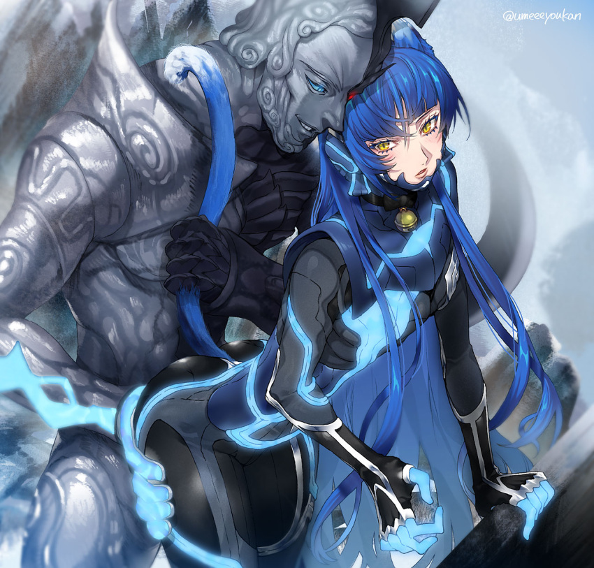 2boys androgynous animal_ears ass ass_grab asymmetrical_hair bangs bell blue_eyes blue_hair blush bodysuit cat_ears cat_tail commentary_request cowboy_shot glowing highres leaning_forward looking_at_viewer male_focus multiple_boys neck_bell parted_lips red_eyes shin_megami_tensei shin_megami_tensei_v split_theme tail tail_grab thighs twitter_username umeeeyoukan yaoi yellow_eyes zeus_(megami_tensei)