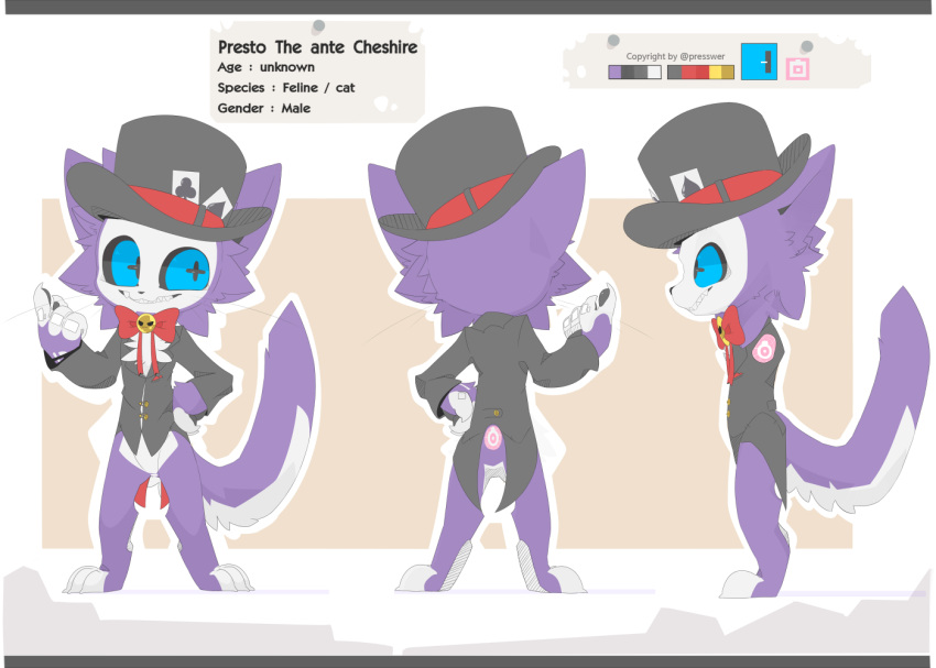 &clubs; &spades; 2020 3_toes 4_fingers alternate_version_at_source anthro big_tail black_clothing black_hat black_headwear black_pawpads black_pupils black_sclera blue_eyes bottomless bow_tie card chest_tuft claws clothed clothing color_swatch cross_pupils cross_section digital_media_(artwork) domestic_cat dress_shirt english_text feet felid feline felis fingers front_view fur fur_markings furgonomics grin hat headgear headwear hindpaw looking_aside male mammal markings model_sheet multicolored_body multicolored_fur pawpads paws playing_card presto_(artist) presto_(character) pupils purple_body purple_ears purple_fur purple_tail rear_view shirt side_view simple_background smile solo standing suit_symbol tailless tan_background teeth text toes top_hat topwear tuft white_background white_body white_fur white_tail