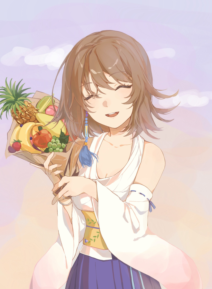 1girl :d apple banana bangs berry blue_skirt breasts brown_hair cleavage closed_eyes collarbone detached_sleeves eyebrows_visible_through_hair final_fantasy final_fantasy_x food fruit gradient gradient_background gradient_sleeves grapes hair_between_eyes happy highres japanese_clothes kimono light_blush medium_breasts open_mouth pear pineapple ribbon_trim short_hair skirt smile solo strawberry teeth upper_teeth virno wide_sleeves yuna_(ff10)