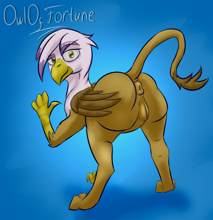 anus avian beak brown_body brown_feathers butt feathers female feral friendship_is_magic genitals gilda_(mlp) gryphon hasbro hi_res long_tail my_little_pony mythological_avian mythology owloffortune puffy_anus pussy raised_tail smile smirk solo tail_tuft tuft white_body white_feathers yellow_eyes