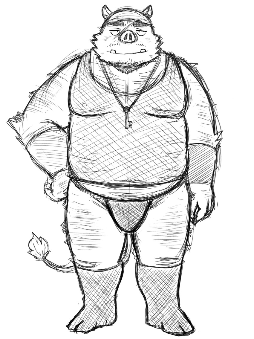 2022 anthro asian_clothing belly big_belly clothing east_asian_clothing fundoshi hi_res humanoid_hands inunodaidokoro japanese_clothing kemono male mammal moobs overweight overweight_male scar shirt simple_background sketch solo suid suina sus_(pig) topwear underwear white_background wild_boar