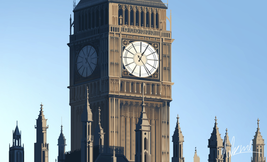 blue_sky building clock clock_tower commentary_request elizabeth_tower england hakuurei_amano highres no_humans original outdoors scenery sky tower watermark