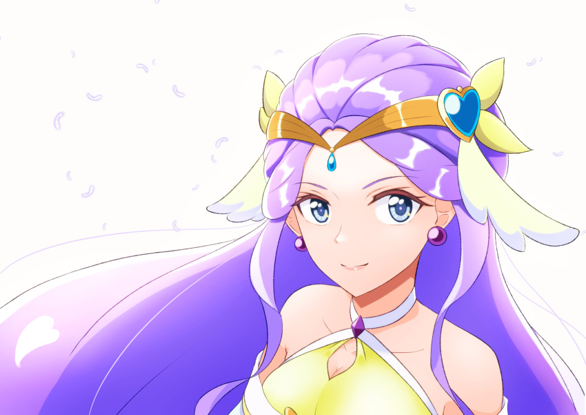 1girl absurdres breasts cleavage cure_earth feathers fuurin_asumi head_wings healin'_good_precure highres lips long_hair looking_at_viewer magical_girl medium_breasts on_kazu precure purple_eyes purple_hair smile solo tiara upper_body white_background