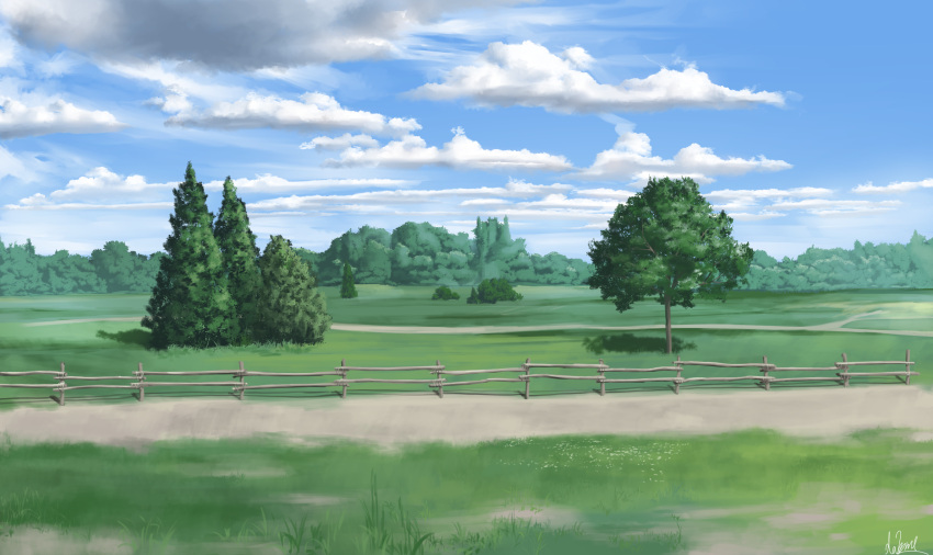 blue_sky bush cloud commentary_request fence grass hakuurei_amano highres no_humans original outdoors rural scenery shadow sky tree watermark wooden_fence