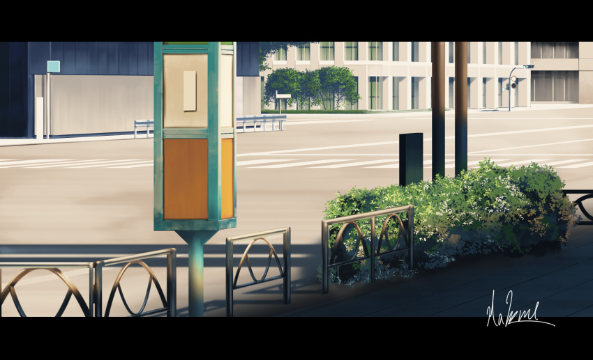 building bush cityscape commentary_request fence guard_rail hakuurei_amano highres no_humans original outdoors road road_sign scenery shadow sign street traffic_light watermark