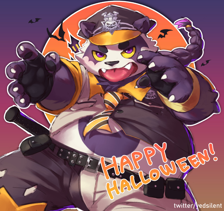 1boy absurdres alp_(housamo) animal_ears animal_nose bat belly belt black_necktie braid claws colored_sclera colored_tips commentary fangs fangs_out fingernails furry furry_male gradient gradient_background happy_halloween hat highres long_hair looking_at_viewer male_focus moon multicolored_hair multicolored_necktie necktie orange_background orange_moon orange_necktie panda_boy panda_ears plump police police_hat police_uniform purple_background purple_eyes purple_fur purple_hair sharp_fingernails shirt simple_background solo studded_belt tokyo_afterschool_summoners tongue tongue_out twitter_username two-tone_fur uniform upper_body white_fur yedsilent yellow_sclera