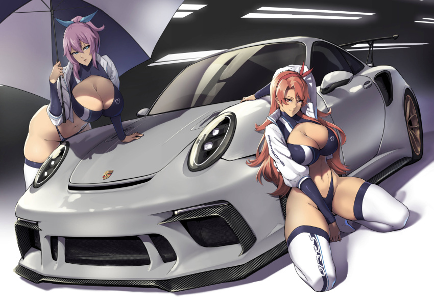 2girls absurdres akame_ga_kill! blue_eyes blue_ribbon boots breasts car chelsea_(akame_ga_kill!) cleavage commission english_commentary ground_vehicle hair_ribbon highres long_hair motor_vehicle multiple_girls original packge parasol pink_hair porsche porsche_911 race_queen red_eyes red_hair ribbon smile spoiler_(automobile) thigh_boots thighhighs thighs umbrella white_footwear white_legwear