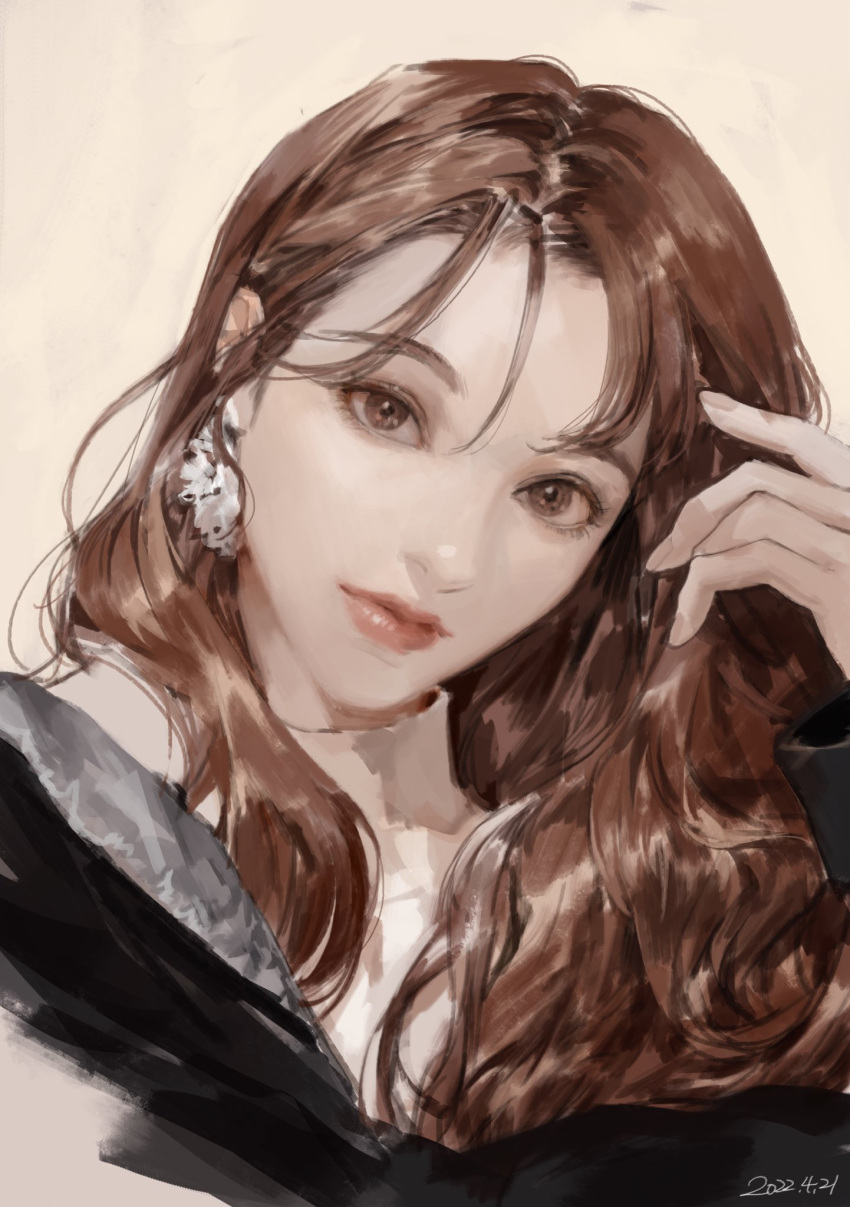 1girl artist_name bangs brown_eyes brown_hair dated earrings expressionless eyelashes hand_up head_tilt highres jewelry lips long_hair looking_at_viewer original realistic simple_background solo upper_body vlfdus_0