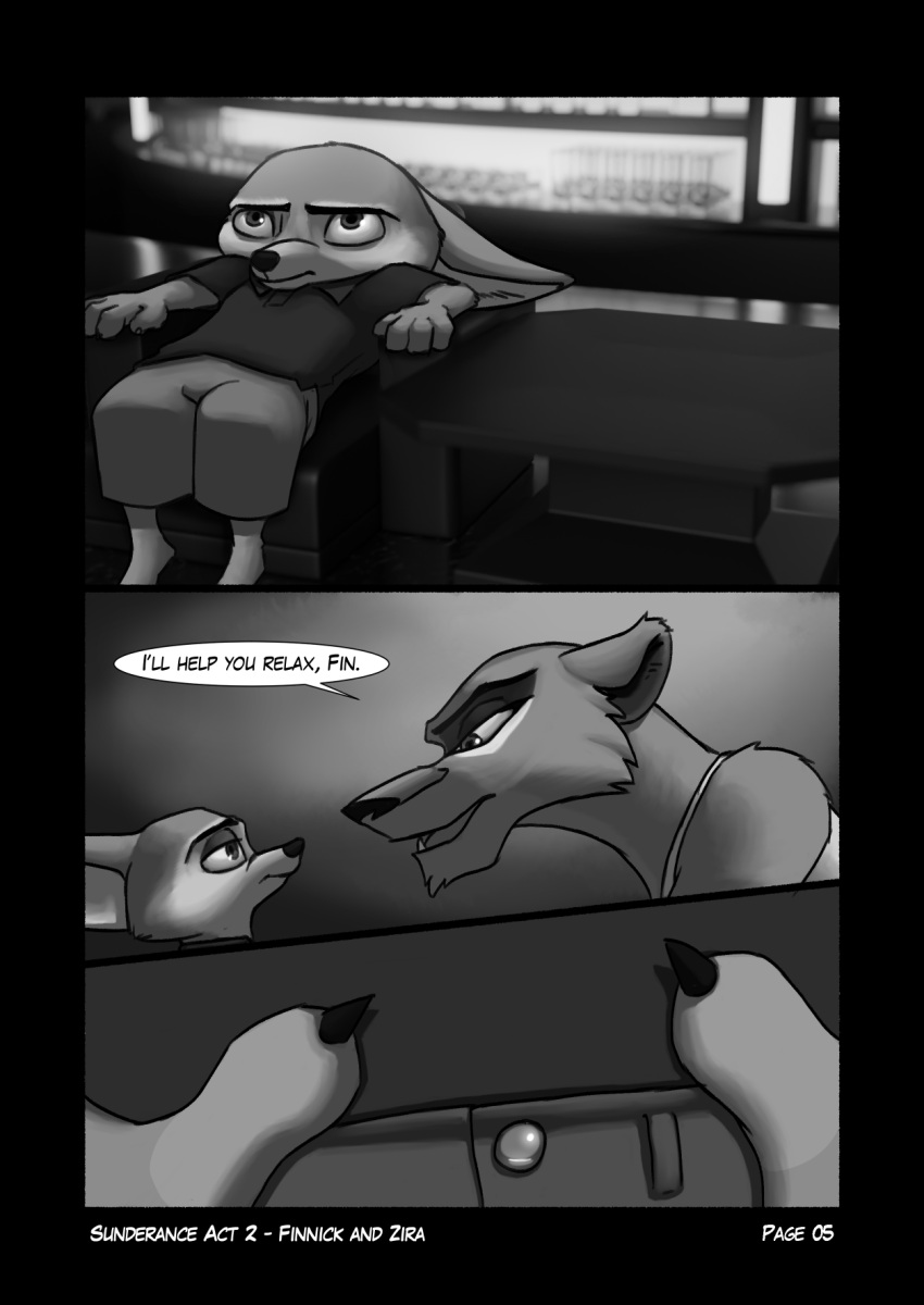 2022 ambiguous_gender anthro armchair biped black_border border bottomwear canid canine chair cheek_tuft chin_tuft claws clothed clothing comic dialogue disney duo ear_tuft english_text facial_tuft felid fennec finger_claws finnick fox foxxj furniture greyscale hi_res lion male mammal monochrome pantherine reclining shirt shorts shoulder_tuft speech_bubble table text topwear tuft zira zootopia