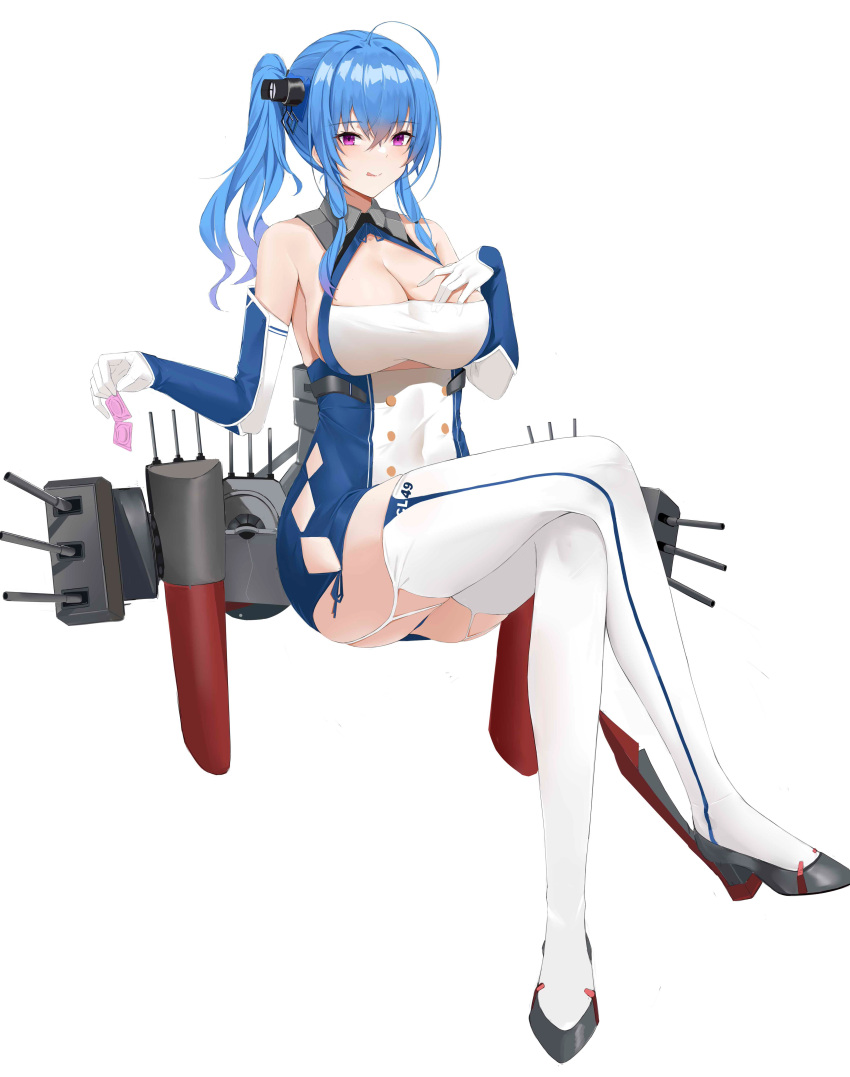 1girl :q absurdres argyle argyle_cutout ass azur_lane bare_shoulders blue_panties blush breasts buttons cleavage cleavage_cutout clothing_cutout condom crossed_legs double-breasted dress elbow_gloves full_body garter_straps gloves gradient_hair hand_on_own_chest hands_up high_heels highres holding holding_condom kuyoumi large_breasts legs licking_lips long_hair multicolored_hair naughty_face panties rigging side_ponytail simple_background sleeveless sleeveless_dress smile solo st._louis_(azur_lane) thighhighs thighs tongue tongue_out turret two-tone_dress two-tone_gloves underboob_cutout underwear white_background white_legwear