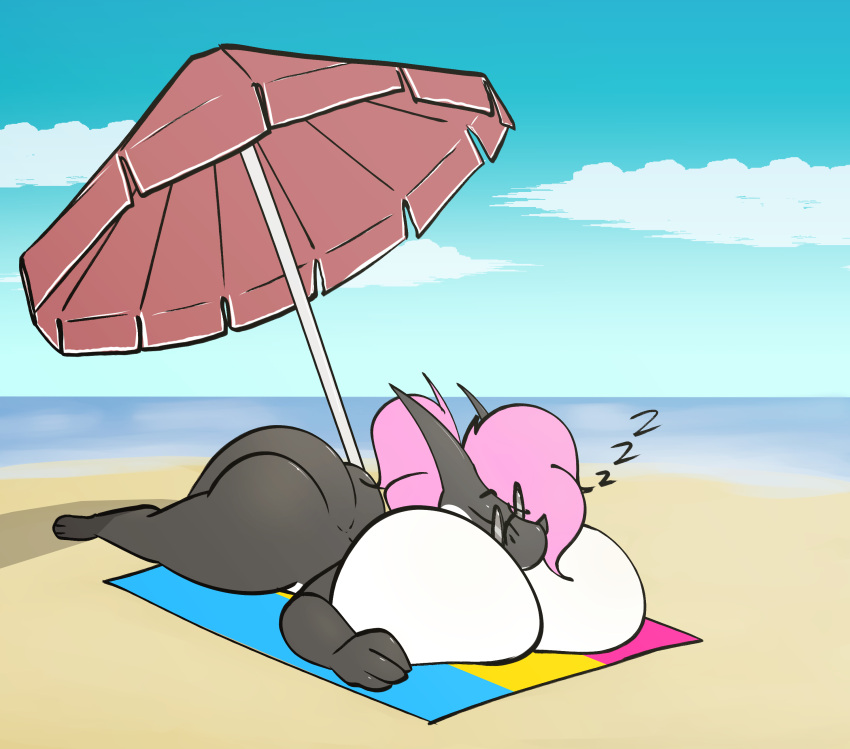 absurd_res anthro breasts drakkmac eyewear featureless_breasts female glasses hair hi_res horn hybrid hyu_(drakkmac) multicolored_body nude_beach pink_hair sleeping solo solo_focus two_tone_body umbrella