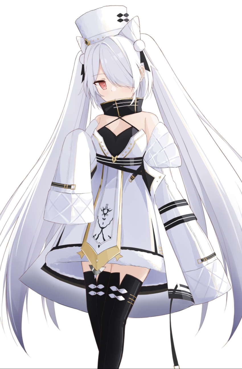 1girl absurdres azur_lane black_legwear breasts cleavage coat_dress dress fur-trimmed_dress fur_hat fur_trim hair_cones hair_ornament hair_over_one_eye hat highres kiev_(azur_lane) long_hair looking_at_viewer one_eye_covered pom_pom_(clothes) pom_pom_hair_ornament red_eyes shasha_(shasha159357) simple_background small_breasts solo standing twintails very_long_hair very_long_sleeves white_background white_hair