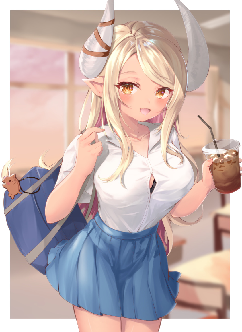 1girl bag bangs black_bra blonde_hair blue_skirt blurry blurry_background boar border bra breasts collarbone commentary cowboy_shot cup dark-skinned_female dark_skin desk draph drink drinking_glass fingernails forehead frilled_skirt frills granblue_fantasy hair_over_shoulder highres holding holding_drink horns ichiyo_tsuyu_(glacia_glagla) indoors kumbhira_(granblue_fantasy) large_breasts long_bangs long_hair looking_at_viewer multicolored_hair open_clothes open_mouth open_shirt parted_bangs pink_hair pointy_ears school_bag shadow shiny shiny_hair shirt short_sleeves skirt solo sunset tan two-tone_hair underwear uniform white_border white_shirt window yellow_eyes