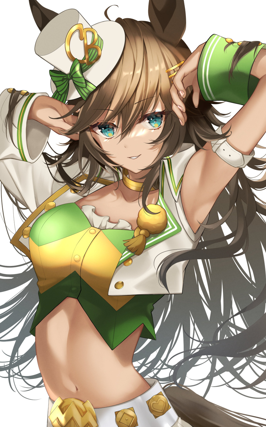 1girl absurdres animal_ears arm_belt armpits arms_up bandeau bangs breasts brown_hair choker collarbone cropped_jacket green_eyes hair_ornament hairclip hat highres horse_ears horse_girl horse_tail long_hair looking_at_viewer midriff mini_hat mini_top_hat mr._c.b._(umamusume) navel nobell_(bell_no5) single_sleeve small_breasts smile solo tail teeth top_hat umamusume upper_body white_headwear wrist_cuffs