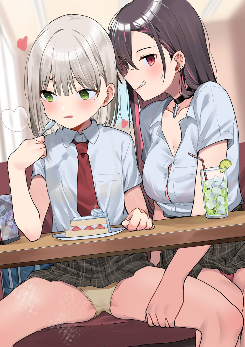 2girls blush breasts brown_hair button_gap cake choker cleavage collared_shirt cup diner drink drinking_glass drinking_straw ear_piercing eating food fork green_eyes grey_hair groin hand_on_another's_thigh heart highres holding holding_fork long_hair looking_to_the_side medium_breast mole mole_on_thigh mole_under_eye motto_notto multiple_girls necktie original panties piercing pink_hair plaid plaid_skirt red_necktie school_uniform shirt short_hair short_sleeves sitting skirt spread_legs sweatdrop table thighs unde under_table underwear upskirt yellow_panties yuri