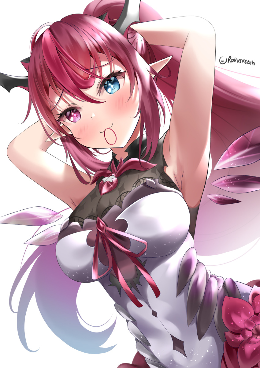 +_+ 1girl :3 absurdres armpits arms_up bangs bare_shoulders blue_eyes blush breasts brooch closed_mouth detached_wings dress eyebrows_visible_through_hair flower gloves gloves_removed hair_between_eyes hair_tie heterochromia highres hololive hololive_english horns irys_(hololive) jewelry lace_trim large_breasts long_bangs long_hair looking_ahead mouth_hold pointy_ears ponytail purple_eyes purple_hair ribbon rokusketch shirt sidelocks simple_background sleeveless sleeveless_shirt smile tight tight_dress twitter_username tying_hair very_long_hair virtual_youtuber white_background wings