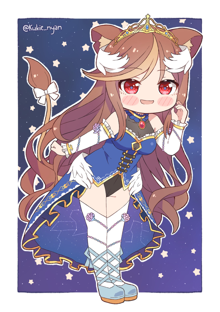 1girl absurdres animal_ears black_leotard blue_dress blue_footwear border bow brown_hair chibi dress english_commentary hazumi_aileen head_wings highres indie_virtual_youtuber kukie-nyan leaning_forward leotard lion_ears lion_girl lion_tail long_hair low_wings night night_sky second-party_source sky solo star_(sky) tail tail_bow tail_ornament thighhighs twitter_username virtual_youtuber white_border white_legwear wings
