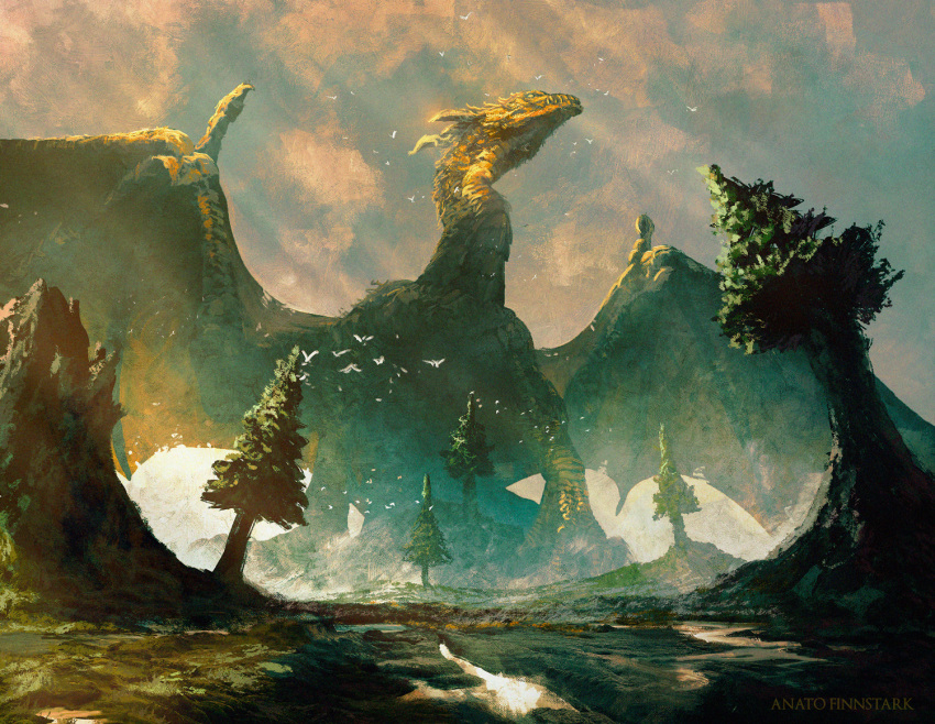 anato_finnstark cloud cloudy_sky commentary day dragon english_commentary flock giant giant_monster no_humans outdoors scenery signature sky smaug the_hobbit tolkien's_legendarium tree