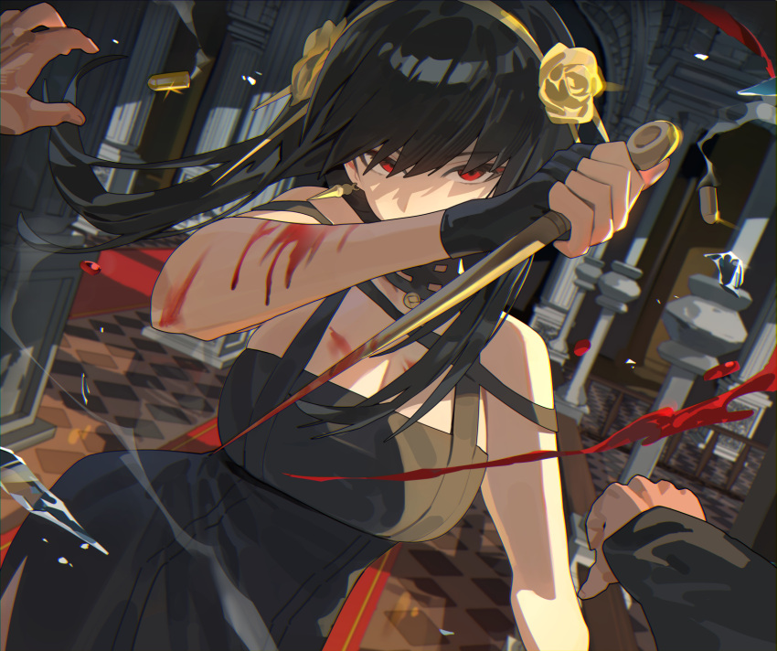 1girl black_dress black_hair blood blood_on_arm blood_on_weapon breasts bullet cleavage dress earrings fingerless_gloves floating_hair glass_shards glint gloves gold_earrings gold_hairband highres hood_(james_x) incoming_attack indoors jewelry large_breasts looking_at_viewer murder off-shoulder_dress off_shoulder pov pov_hands red_eyes rose_hair_ornament smoke solo_focus spikes spy_x_family weapon yor_briar