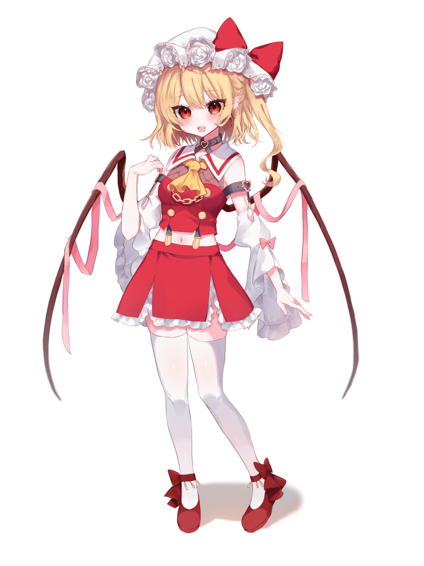 1girl :d absurdres adapted_costume alternate_wings ascot bangs bare_shoulders blonde_hair blush bow breasts buttons collared_shirt commentary_request crystal crystal_earrings detached_sleeves earrings eyebrows_visible_through_hair eyelashes eyes_visible_through_hair fang flandre_scarlet flower frills full_body gold hair_between_eyes hand_up hat hat_bow hat_ribbon heart highres jewelry juliet_sleeves long_sleeves looking_at_viewer looking_to_the_side medium_breasts miniskirt mob_cap navel open_mouth petticoat pink_bow pointy_ears puffy_sleeves red_bow red_eyes red_footwear red_ribbon red_shirt red_skirt red_vest ribbon rori82li rose shirt shoes short_hair simple_background skirt skirt_set smile solo standing tape teeth thighhighs tongue touhou vest white_background white_flower white_headwear white_legwear white_rose white_shirt wide_sleeves wings wrist_cuffs yellow_ascot