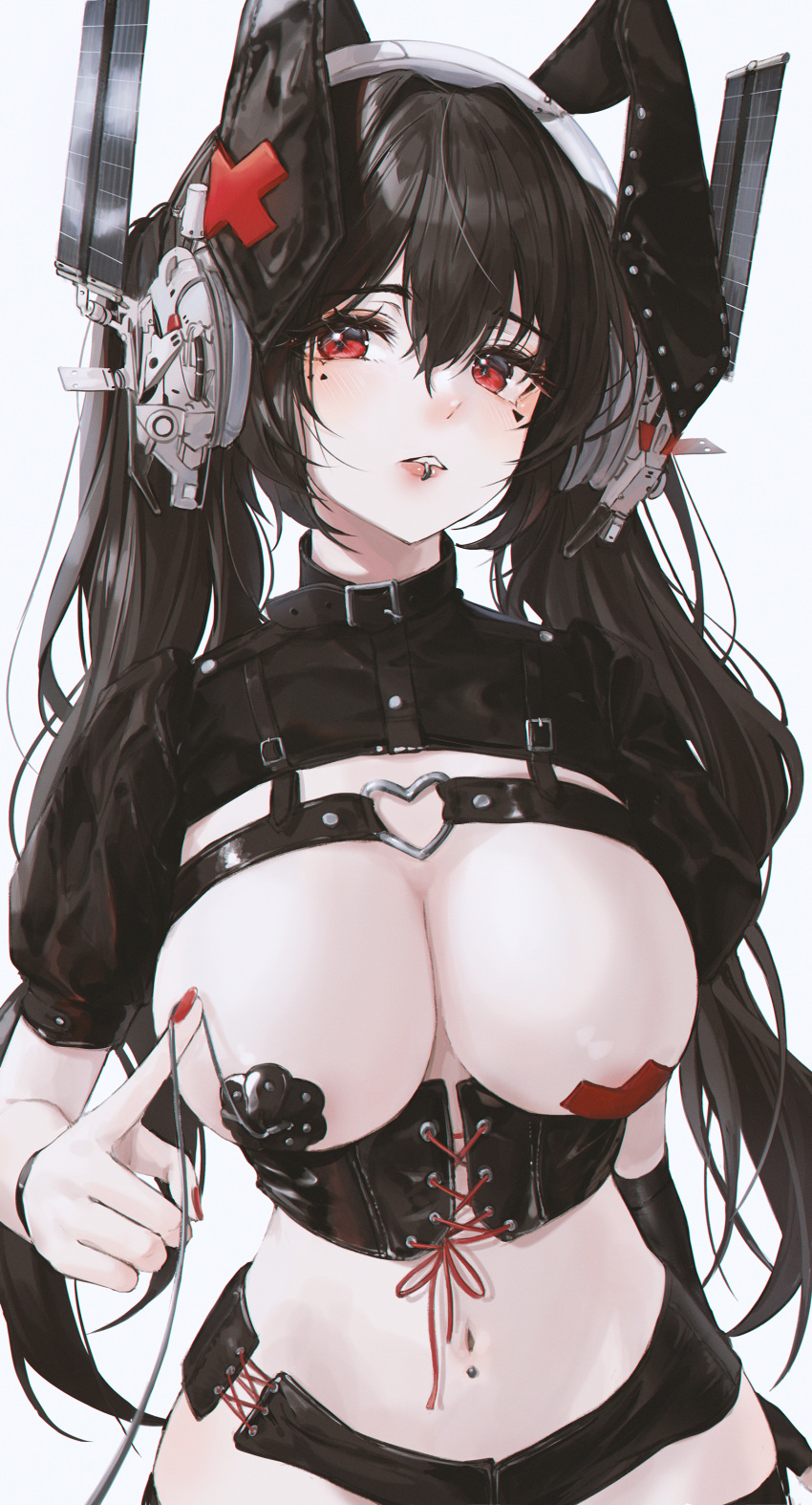 1girl absurdres animal_ears areola_slip areolae bbeedol black_choker black_gloves black_hair black_shirt black_theme breasts chest_harness choker cleavage cowboy_shot crop_top elbow_gloves fake_animal_ears fingerless_gloves framed_breasts gloves harness headphones highres large_breasts long_hair looking_at_viewer micro_shorts midriff mole mole_under_eye mouth_piercing nail_polish navel navel_piercing original pasties piercing rabbit_ears red_eyes red_nails revealing_clothes satellite shirt short_sleeves shorts side_cutout single_glove solo stomach twintails wristband