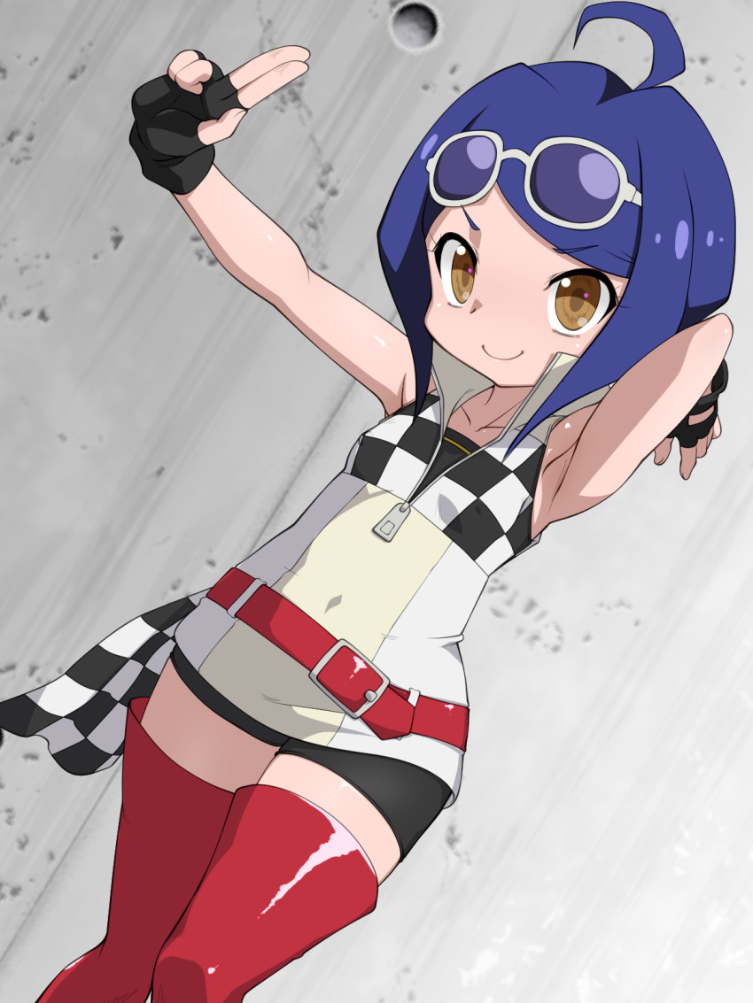 1girl ahoge armpits belt bike_shorts blue_hair brown_eyes eyebrows_visible_through_hair fingerless_gloves flat_chest gloves highres jacket jane_(ninjala) multicolored_clothes multicolored_jacket ninjala nurugamer-kouyouju red_legwear short_hair solo zipper