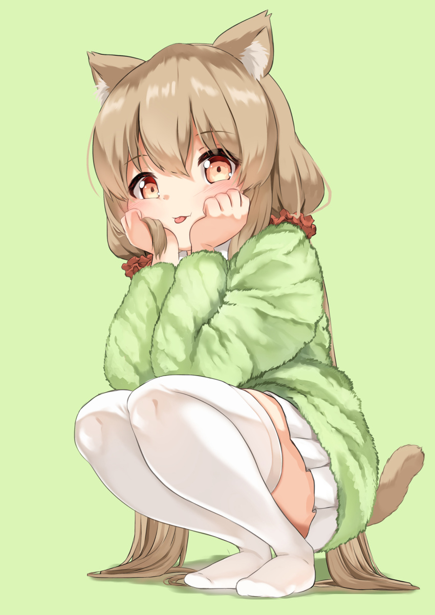 1girl :p animal_ear_fluff animal_ears blush brown_hair cat_ears cat_girl cat_tail child commentary constricted_pupils eyebrows_visible_through_hair eyelashes frilled_skirt frills full_body green_background green_sleeves green_sweater hair_between_eyes hair_ornament hands_on_own_face highres long_hair long_sleeves looking_at_viewer no_shoes orange_eyes original scrunchie shadow simple_background skirt solo sora_(silent_square) squatting sweater tail thighhighs thighs tongue tongue_out twintails very_long_hair white_legwear white_skirt