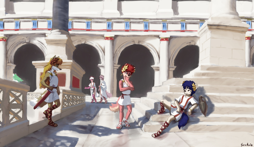 alcohol anthro architecture beverage canid canine canis clothing cyrus_(sunhuiz) footwear fox group hi_res laurel_wreath male mammal marble melee_weapon outside public roman sandals sunhuiz sword toga tunic weapon white_clothing wine wolf