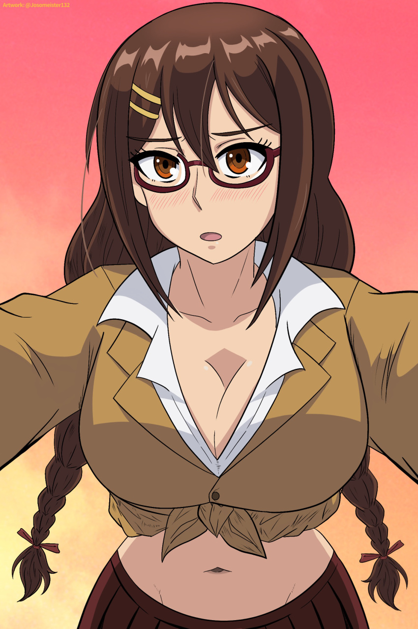 1girl blush braid breasts brown_eyes brown_hair cleavage english_commentary glasses gradient gradient_background hair_ornament hairclip highres hug ibispaint_(medium) josephscrand kyochuu_rettou long_hair looking_at_viewer naruse_chitose navel open_mouth pov red-framed_eyewear school_uniform shirt simple_background skirt solo tied_jacket tied_shirt twin_braids twitter_username upper_body