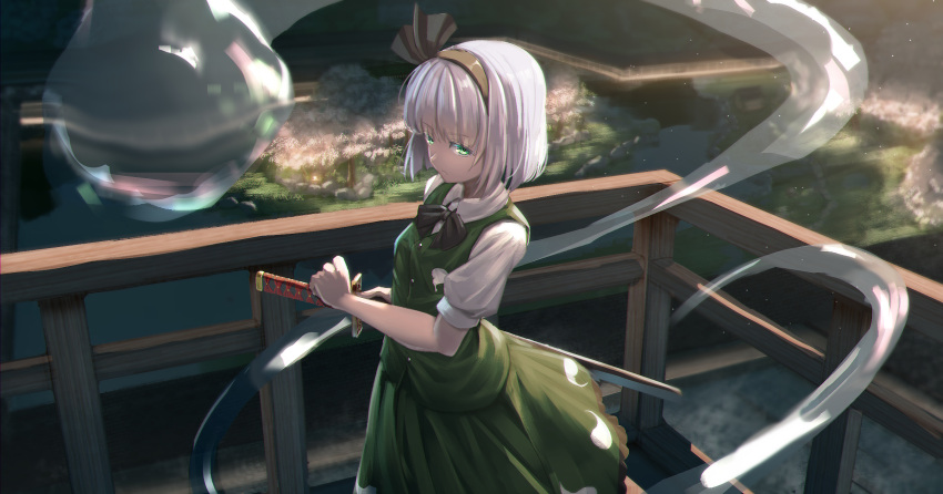 1girl bangs black_hairband bob_cut green_eyes green_skirt green_vest hairband highres hitodama hitodama_print katana konpaku_youmu konpaku_youmu_(ghost) looking_at_viewer railing ryosios sheath short_hair silver_hair skirt solo standing sword touhou vest weapon