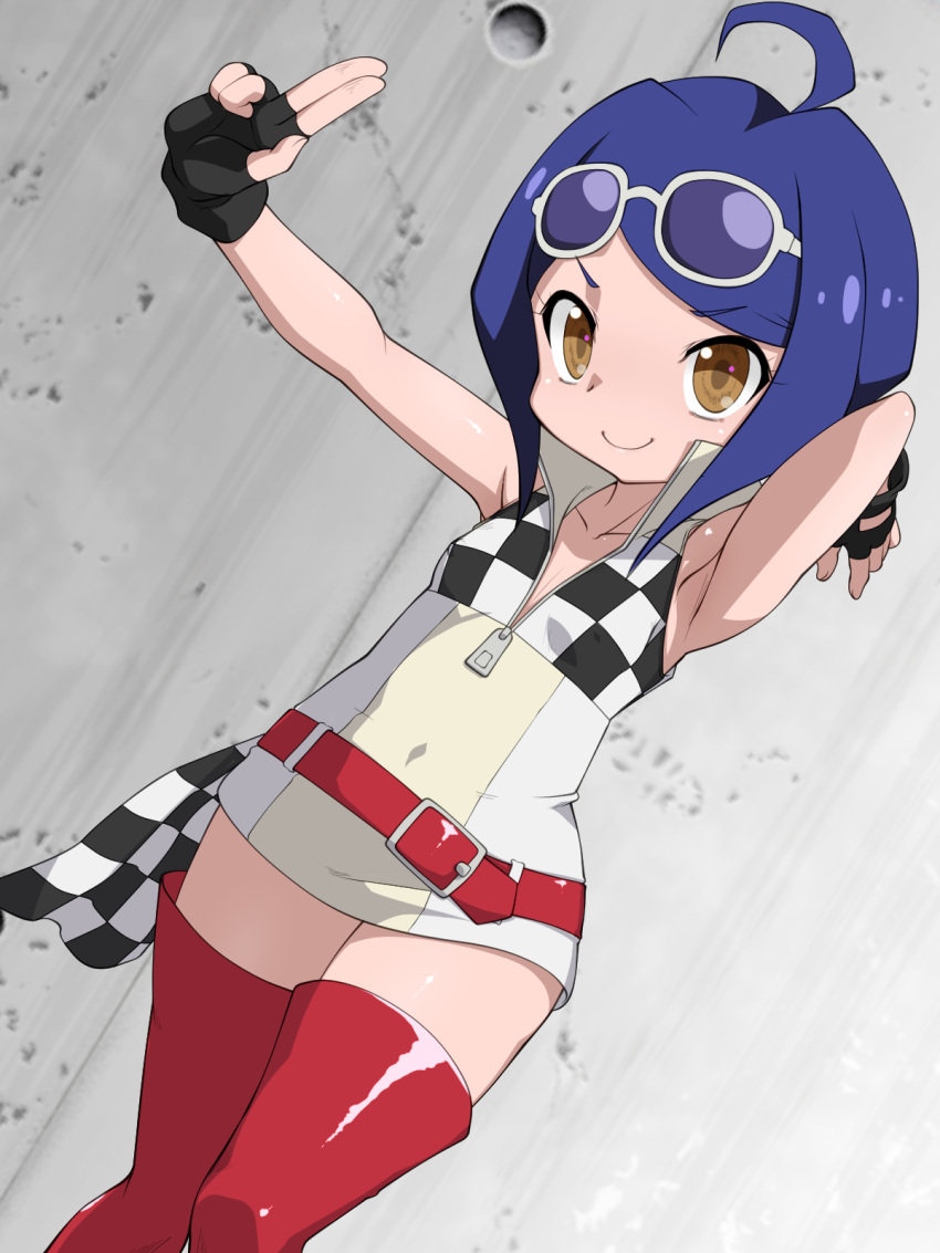 1girl ahoge armpits blue_hair brown_eyes eyebrows_visible_through_hair fingerless_gloves flat_chest gloves highres jacket jane_(ninjala) multicolored_clothes multicolored_jacket ninjala nurugamer-kouyouju red_legwear short_hair solo zipper