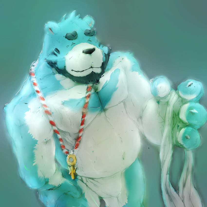 2022 anthro asian_clothing beard black_nose blue_body bonasiah bulge clothing east_asian_clothing eyes_closed facial_hair full_attack fundoshi hi_res humanoid_hands japanese_clothing kemono laohu male mammal moobs overweight overweight_male solo sophring_jie underwear ursid white_body white_clothing white_fundoshi white_underwear