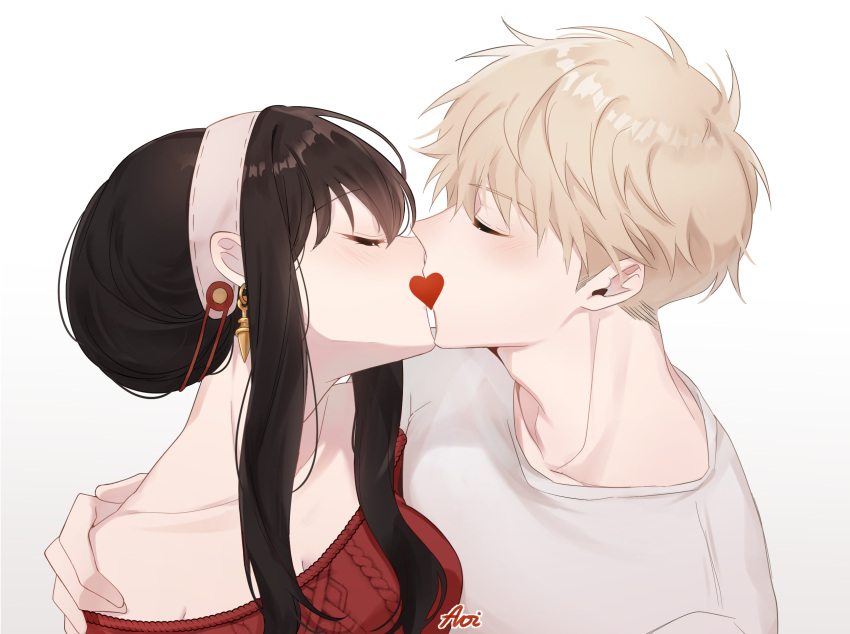 1boy 1girl aoirnn artist_name bare_shoulders black_hair blonde_hair blush censored closed_eyes collarbone couple earrings hairband hand_on_another's_shoulder heart heart_censor hetero highres jewelry kiss multiple_girls off_shoulder red_sweater shirt sidelocks simple_background spy_x_family sweater twilight_(spy_x_family) white_background white_shirt yor_briar