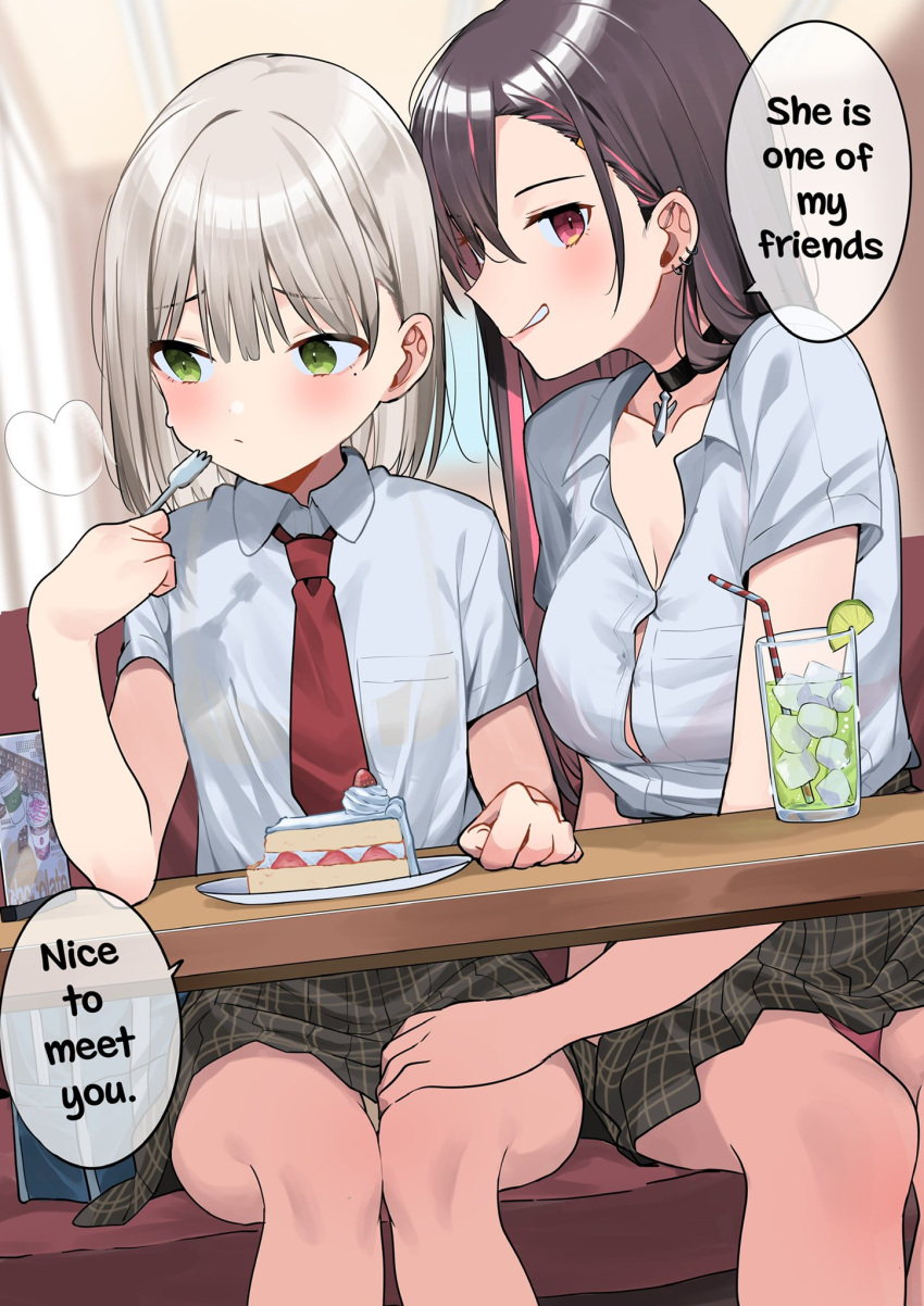 2girls blush breasts brown_hair button_gap cake choker cleavage collared_shirt cup diner drink drinking_glass drinking_straw ear_piercing eating english_text food fork green_eyes grey_hair hand_on_another's_thigh highres holding holding_fork long_hair looking_to_the_side medium_breasts mole mole_under_eye motto_notto multiple_girls necktie original panties panty_peek piercing pink_hair plaid plaid_skirt red_necktie school_uniform shirt short_hair short_sleeves sitting skirt speech_bubble sweatdrop table thighs under_table underwear yuri