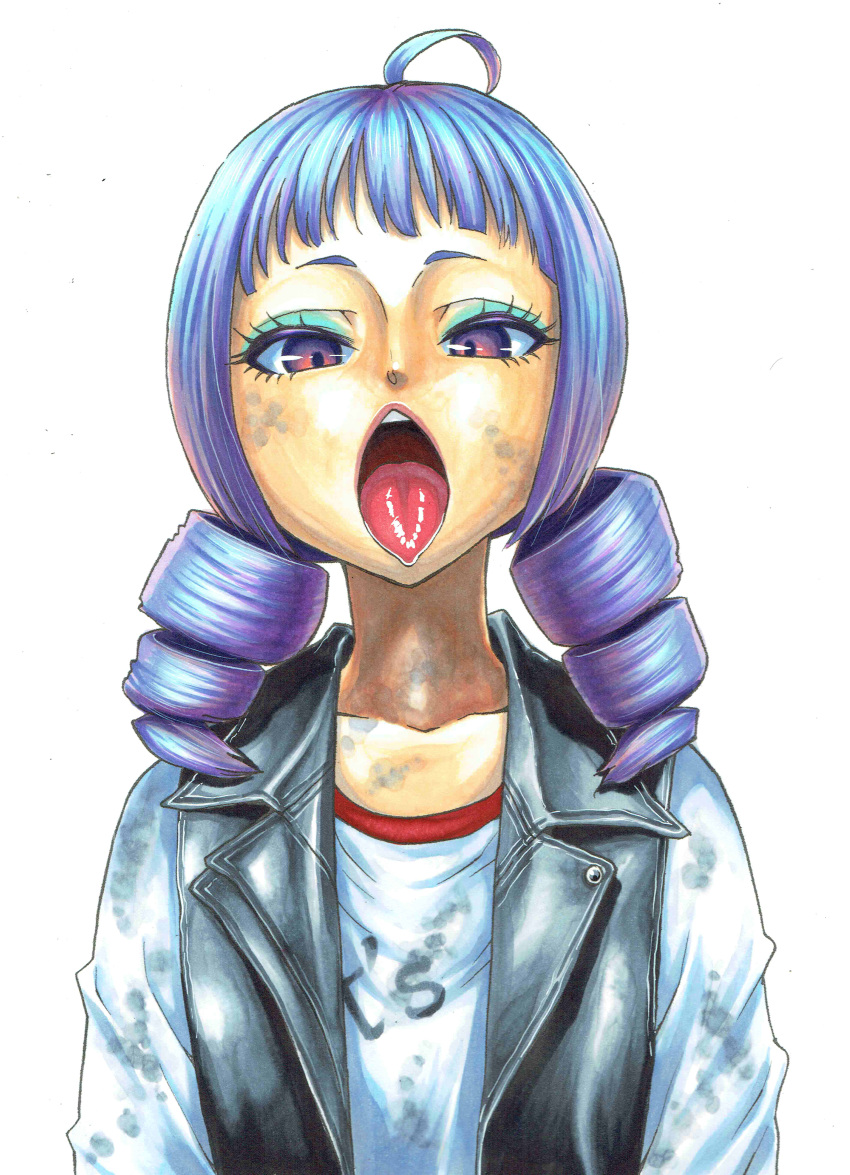 1girl absurdres black_vest blue_hair blue_shirt commentary_request dead_by_daylight dirty dirty_face drill_hair eyelashes eyeshadow feng_min highres makeup open_mouth painting_(medium) purple_eyes shirt short_eyebrows solo takayama_akira tongue tongue_out traditional_media twin_drills upper_body vest watercolor_(medium)