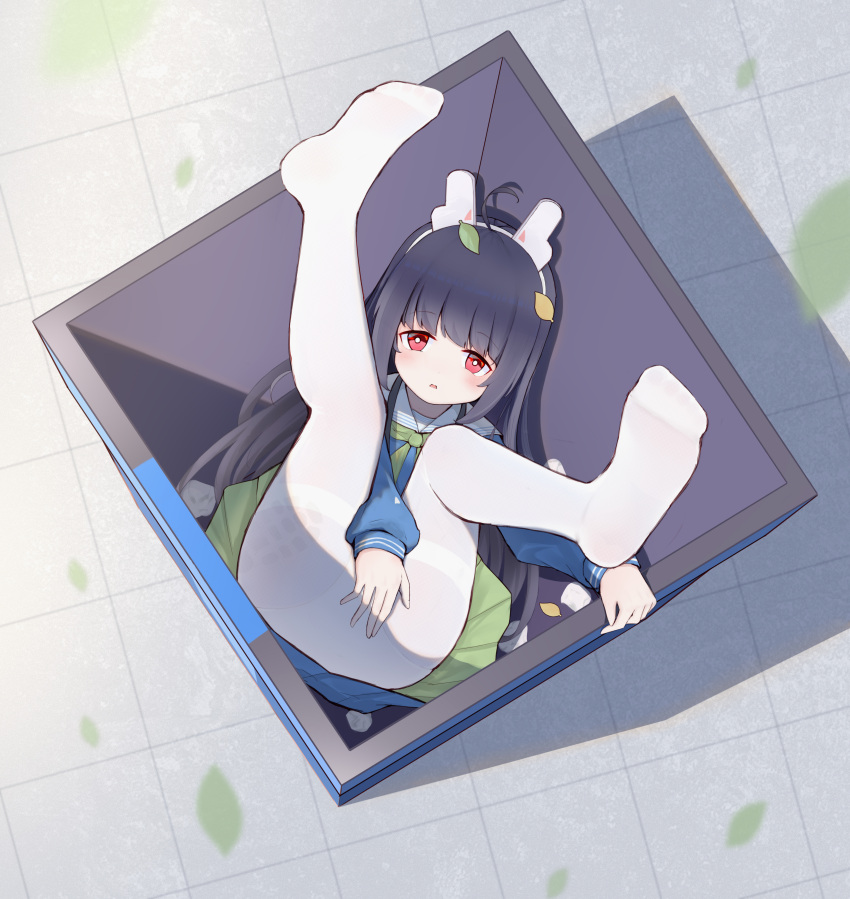 1girl absurdres ahoge animal_ears ass black_hair blue_archive blue_shirt blue_skirt covering covering_crotch fake_animal_ears feet from_above green_skirt highres in_container leaf leaf_on_head legs legs_up long_hair looking_at_viewer looking_up lying miyu_(blue_archive) nitronn_(nitrun) no_shoes on_back open_mouth panties panties_under_pantyhose pantyhose rabbit_ears recycle_bin red_eyes school_uniform serafuku shirt skirt soles solo thighband_pantyhose thighs trash_can two-tone_skirt underwear white_legwear white_panties